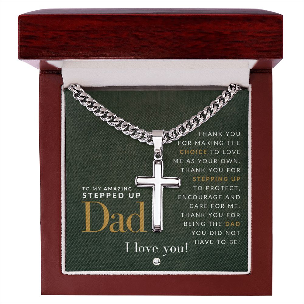 Gift For Your Step Dad - Bonus Dad Gift - Cuban Chain with Artisan Cross Necklace - Christian Jewelry For Him For Father's Day, Christmas or His Birthday
