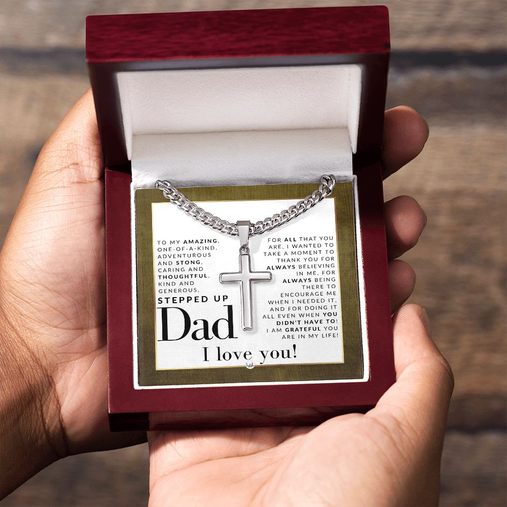 Gift For Stepped Up Dad - Step Dad Gift - Bonus Dad Gift - Cuban Chain with Artisan Cross Necklace - Christian Jewelry For Him For Father's Day, Christmas or His Birthday