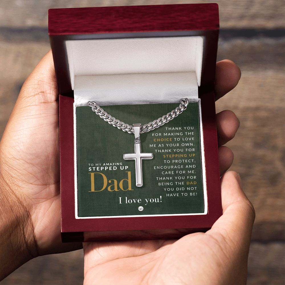 Gift For Your Step Dad - Bonus Dad Gift - Cuban Chain with Artisan Cross Necklace - Christian Jewelry For Him For Father's Day, Christmas or His Birthday