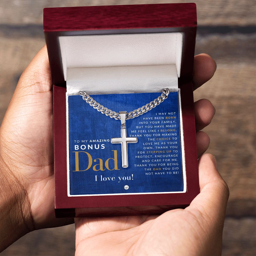 Gift For Bonus Dad - Men's Chain with Engravable Cross Necklace - Christian Jewelry For Dad For Father's Day, Christmas or His Birthday