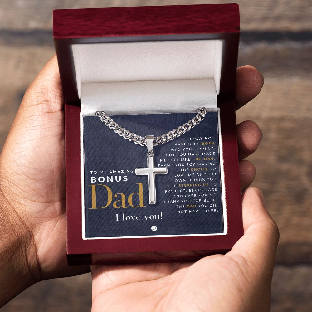 Gift For Bonus Dad - Step Dad Gift - Bonus Dad Gift - Cuban Chain with Artisan Cross Necklace - Christian Jewelry For Him For Father's Day, Christmas or His Birthday