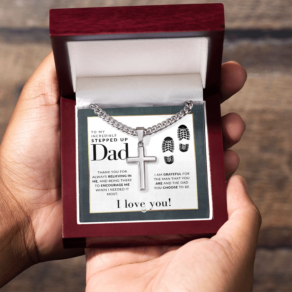 Stepped Up Dad Gift - Step Dad Gift - Bonus Dad Gift - Cuban Chain with Artisan Cross Necklace - Christian Jewelry For Him For Father's Day, Christmas or His Birthday