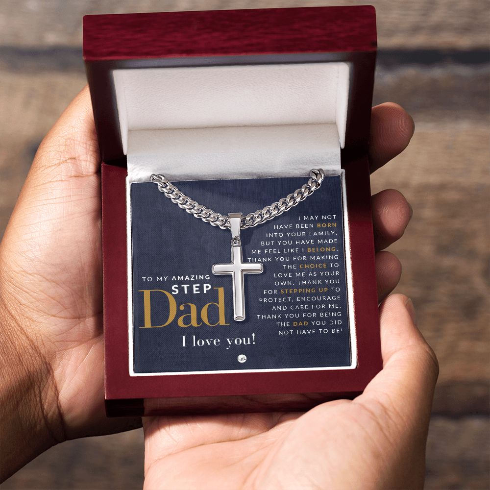 Step Dad Present - Step Dad Gift - Bonus Dad Gift - Cuban Chain with Artisan Cross Necklace - Christian Jewelry For Him For Father's Day, Christmas or His Birthday