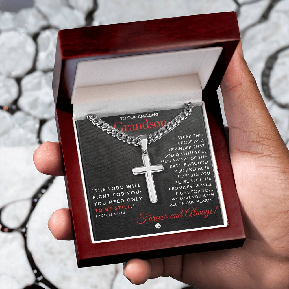 Gift For Our Grandson - Exodus 14:14 - Christian Encouragement - Christian Cross Pendant on Men's Chain Necklace - Great for Christmas, His Birthday, Baptism or Confirmation