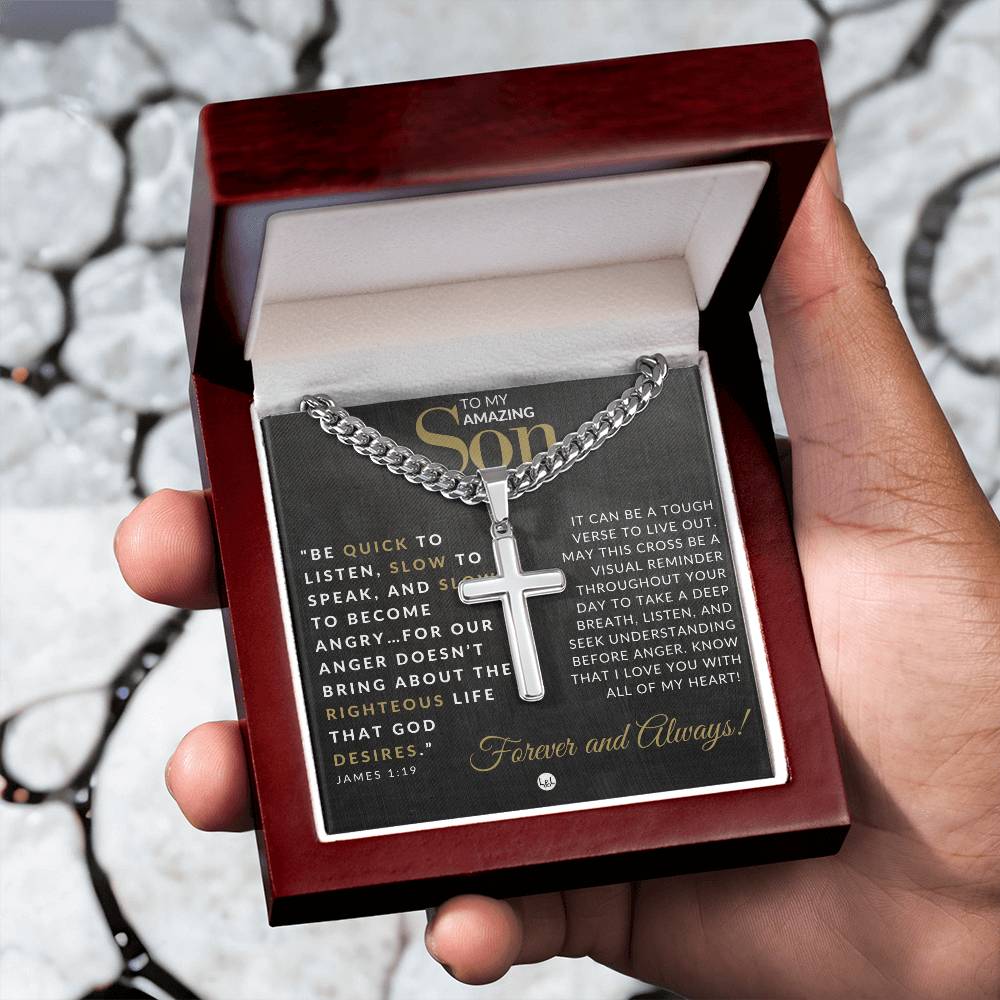 Son Gift - James 1:19 - Christian Encouragement - Christian Cross Pendant on Men's Chain Necklace - Great for Christmas, His Birthday, Baptism or Confirmation