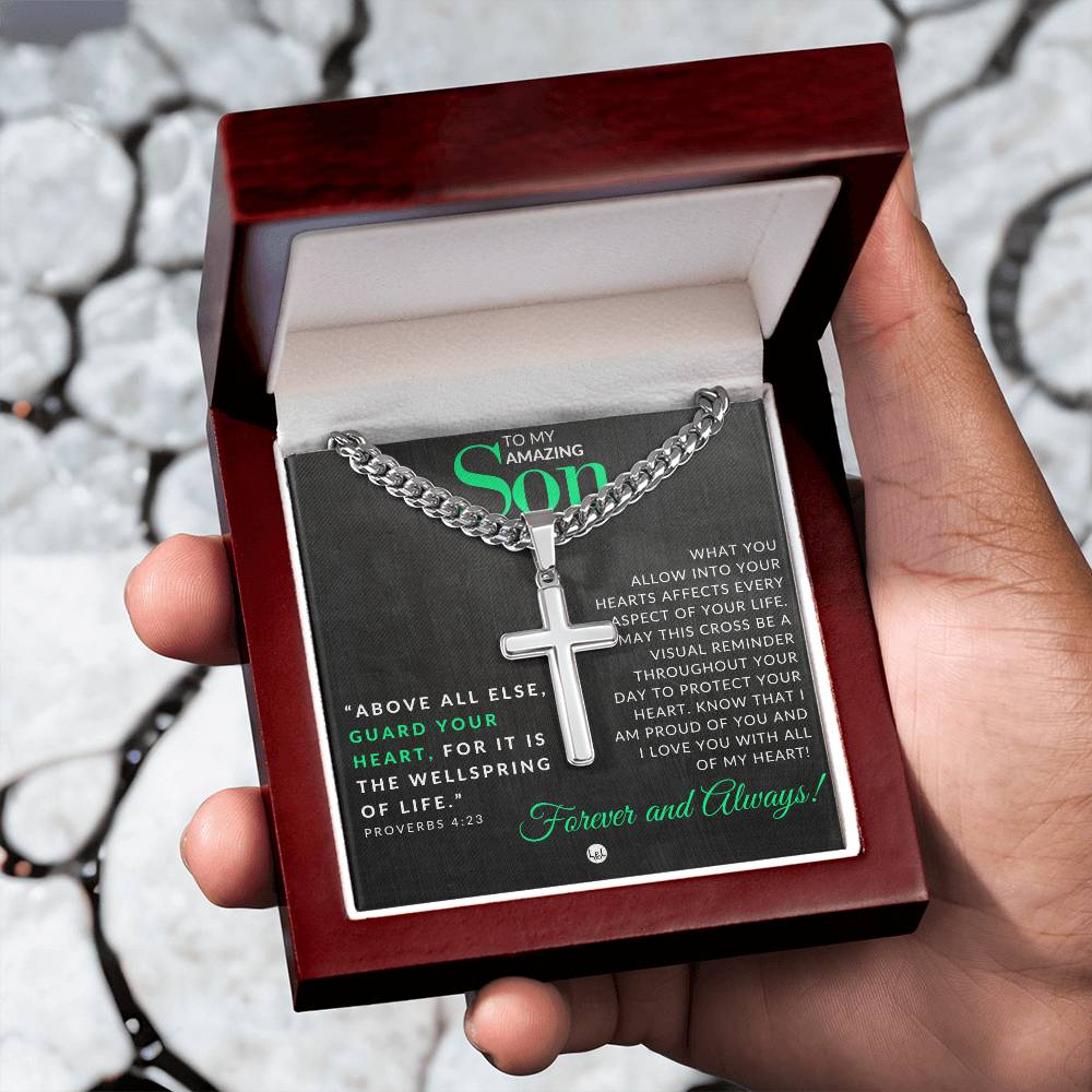 Son Gift - Proverbs 4:23 - Christian Encouragement - Christian Cross Pendant on Men's Chain Necklace - Great for Christmas, His Birthday, Baptism or Confirmation