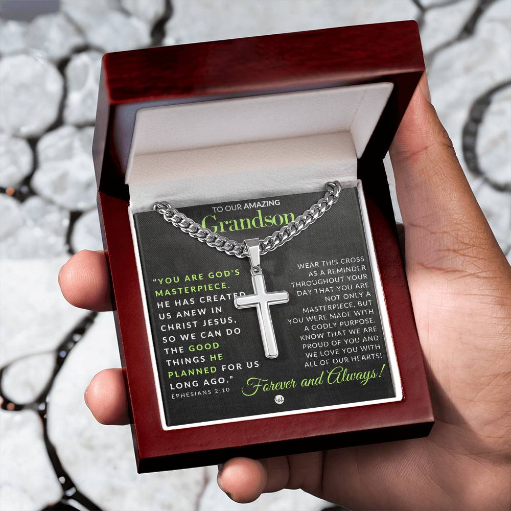 Gift For Our Grandson - Ephesians 2:10 - Christian Encouragement - Christian Cross Pendant on Men's Chain Necklace - Great for Christmas, His Birthday, Baptism or Confirmation