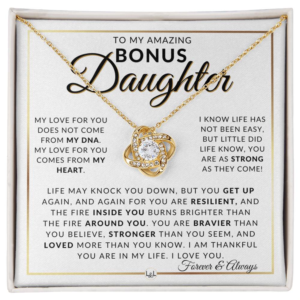 Bonus Daughter Gift Idea - Pendant Necklace For My Bonus Daughter + Sentimental Message of Encouragement - Great Christmas Gift, Birthday Present or Graduation Surprise - Liliana and Liam
