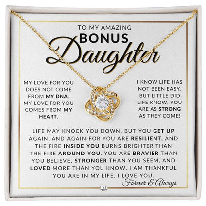 Bonus Daughter Gift Idea - Pendant Necklace For My Bonus Daughter + Sentimental Message of Encouragement - Great Christmas Gift, Birthday Present or Graduation Surprise - Liliana and Liam