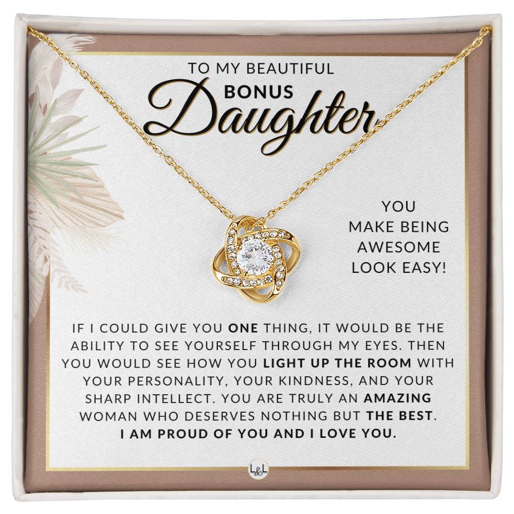 Bonus Daughter Gifts From Mom - Necklace For Bonus Daughter From Mom - Pendant Necklace + Sentimental Keepsake Message - Great Christmas Gift, Birthday Present or Graduation Surprise - Liliana and Liam