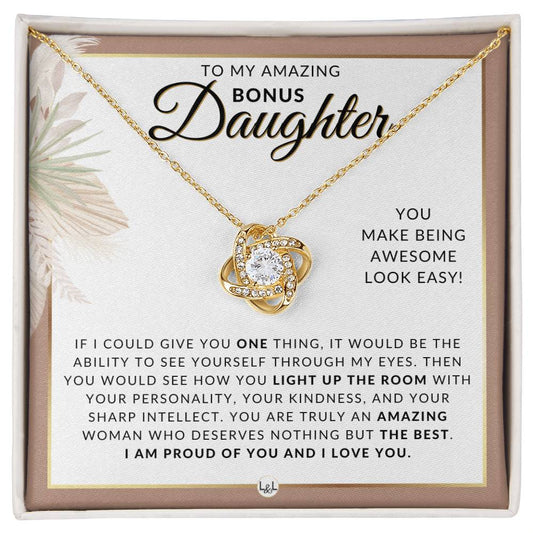 Bonus Daughter Gifts From Dad - Necklace For Bonus Daughter From Dad - Pendant Necklace + Sentimental Keepsake Message - Great Christmas Gift, Birthday Present or Graduation Surprise - Liliana and Liam