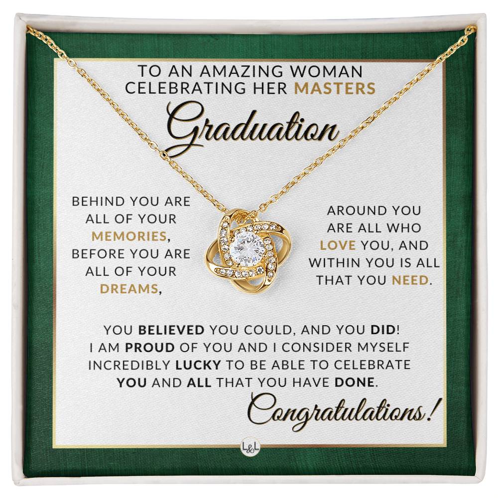 Master's Graduation Gift Idea For Her - Beautiful Woman's Pendant Necklace + Sentimental Keepsake Message - Liliana and Liam