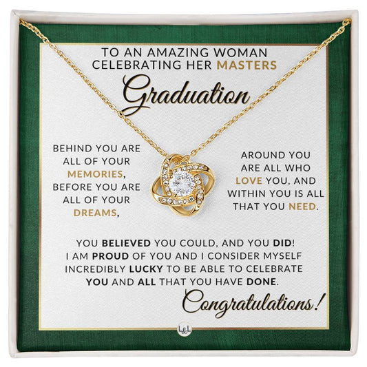 Master's Graduation Gift Idea For Her - Beautiful Woman's Pendant Necklace + Sentimental Keepsake Message - Liliana and Liam