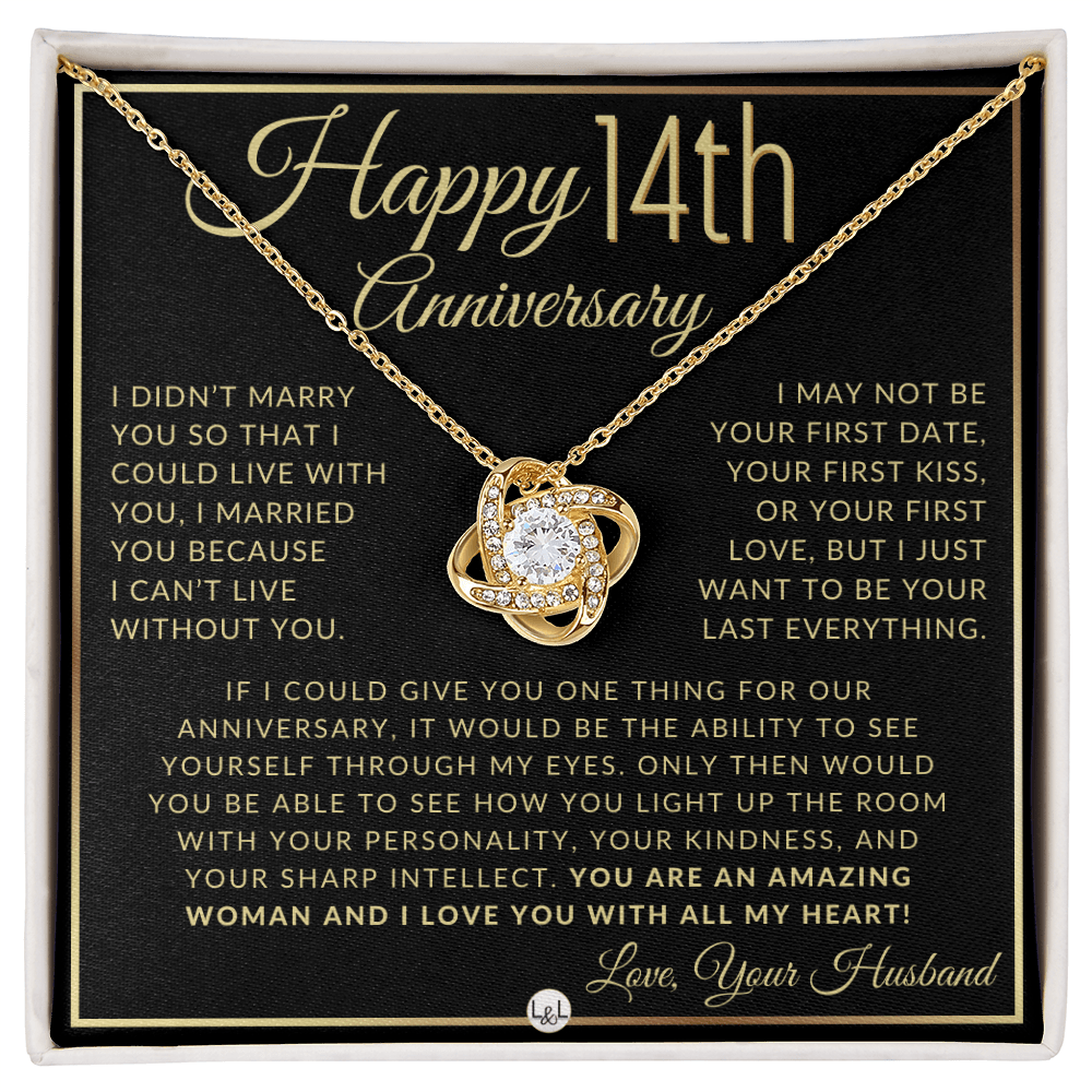 14th Anniversary - Elegant Knot Pendant Necklace with Heartfelt Message - Gift for Wife - Liliana and Liam