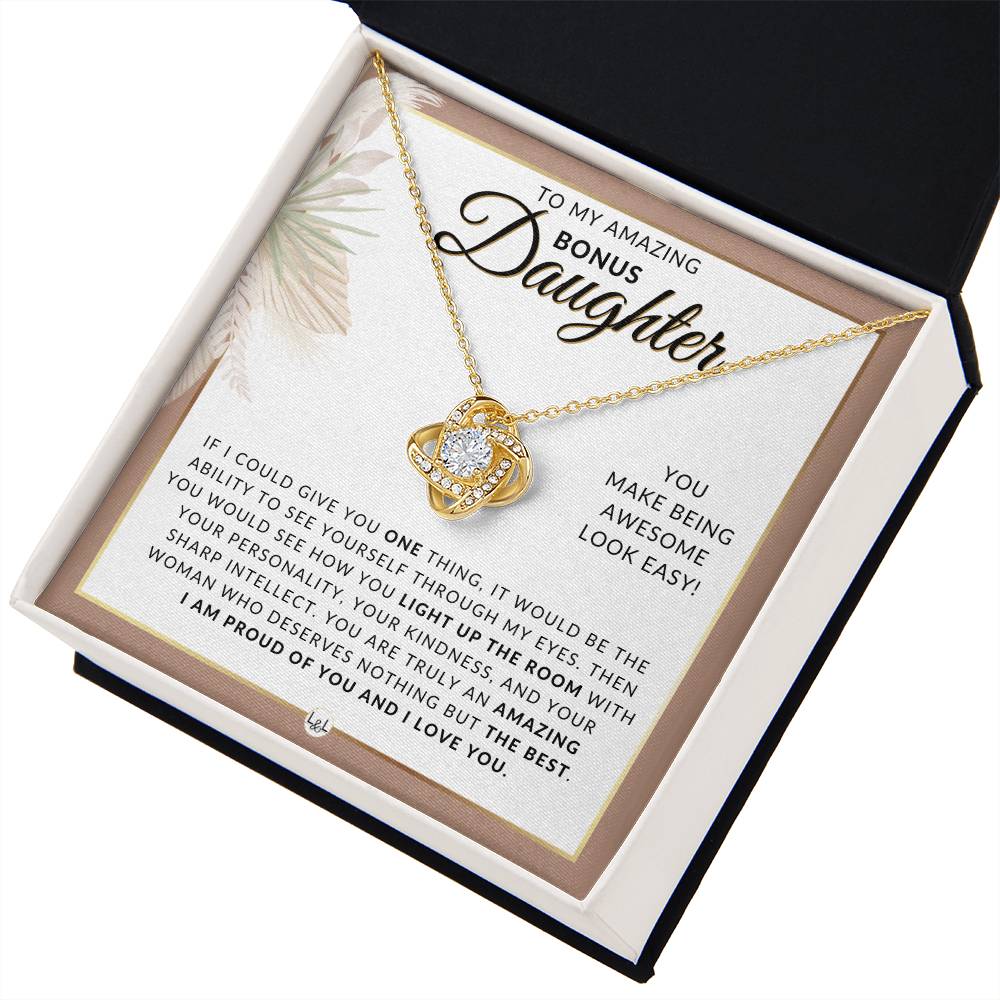 Bonus Daughter Gifts From Dad - Necklace For Bonus Daughter From Dad - Pendant Necklace + Sentimental Keepsake Message - Great Christmas Gift, Birthday Present or Graduation Surprise - Liliana and Liam