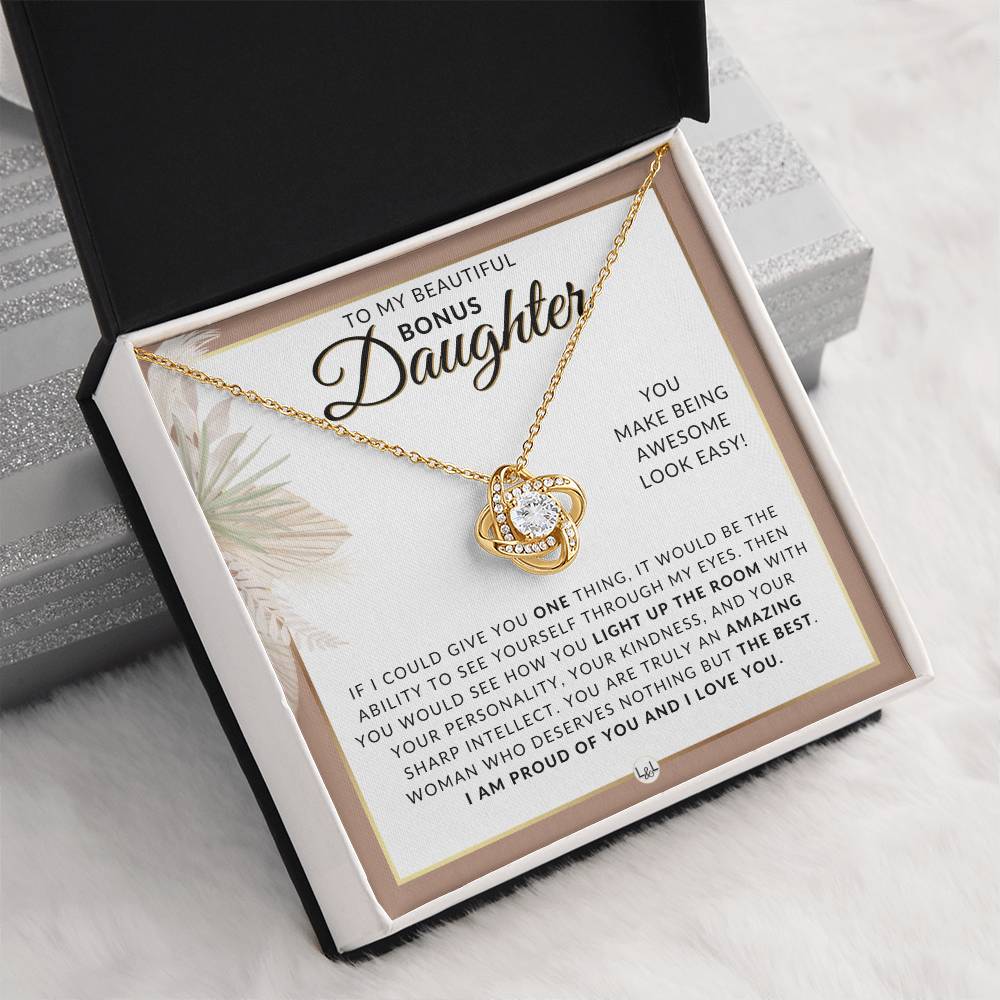 Bonus Daughter Gifts From Mom - Necklace For Bonus Daughter From Mom - Pendant Necklace + Sentimental Keepsake Message - Great Christmas Gift, Birthday Present or Graduation Surprise - Liliana and Liam