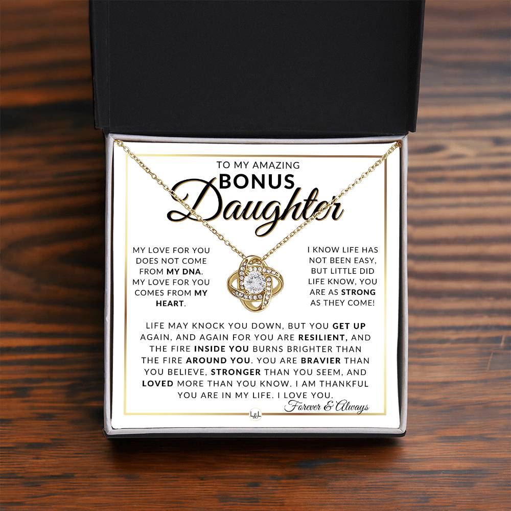 Bonus Daughter Gift Idea - Pendant Necklace For My Bonus Daughter + Sentimental Message of Encouragement - Great Christmas Gift, Birthday Present or Graduation Surprise - Liliana and Liam