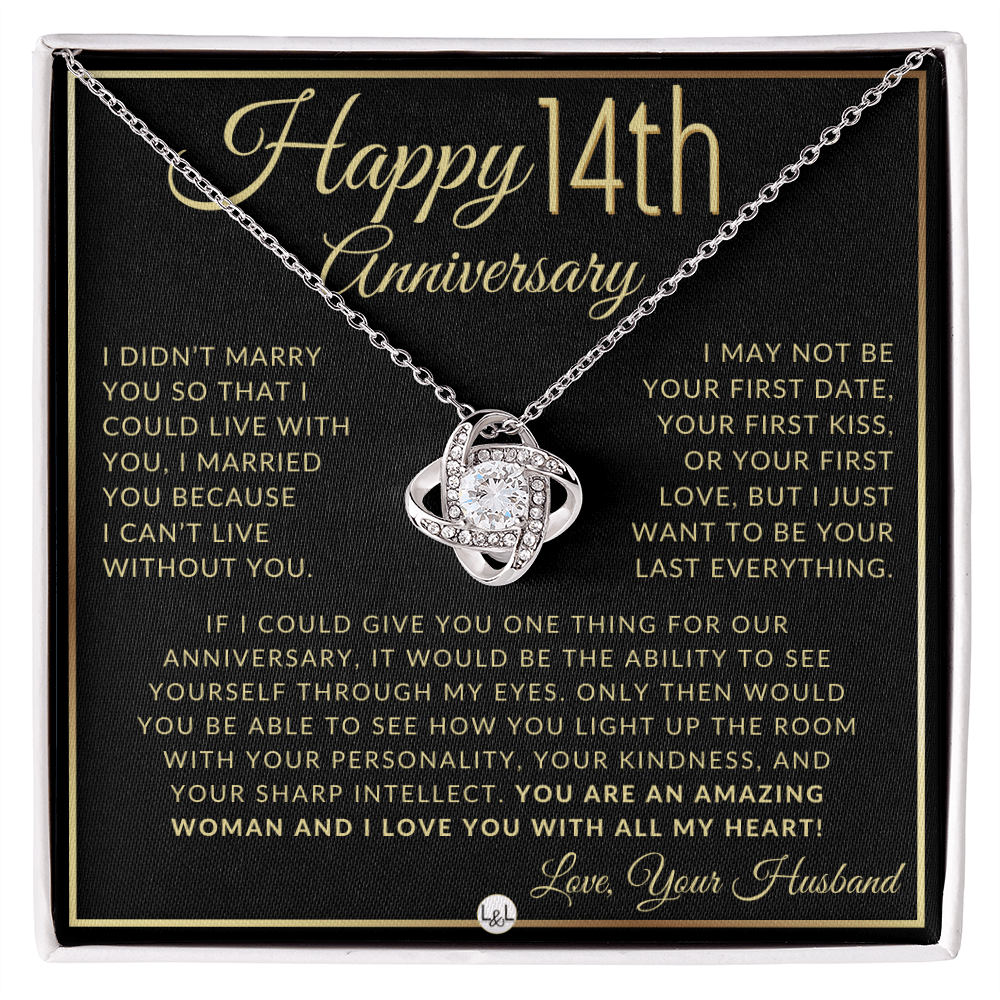 14th Anniversary - Elegant Knot Pendant Necklace with Heartfelt Message - Gift for Wife - Liliana and Liam