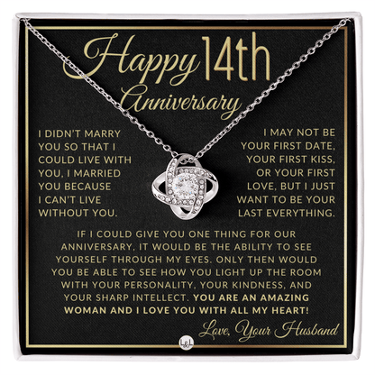 14th Anniversary - Elegant Knot Pendant Necklace with Heartfelt Message - Gift for Wife - Liliana and Liam