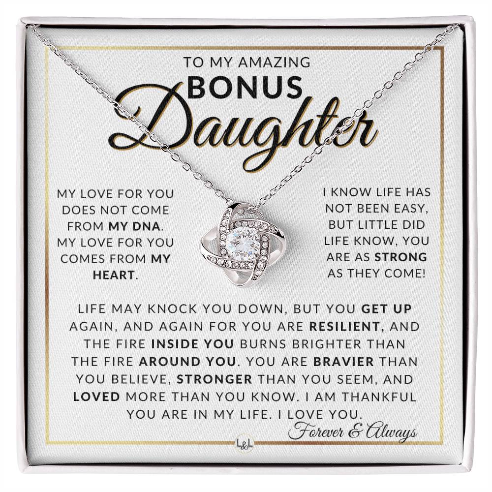 Bonus Daughter Gift Idea - Pendant Necklace For My Bonus Daughter + Sentimental Message of Encouragement - Great Christmas Gift, Birthday Present or Graduation Surprise - Liliana and Liam