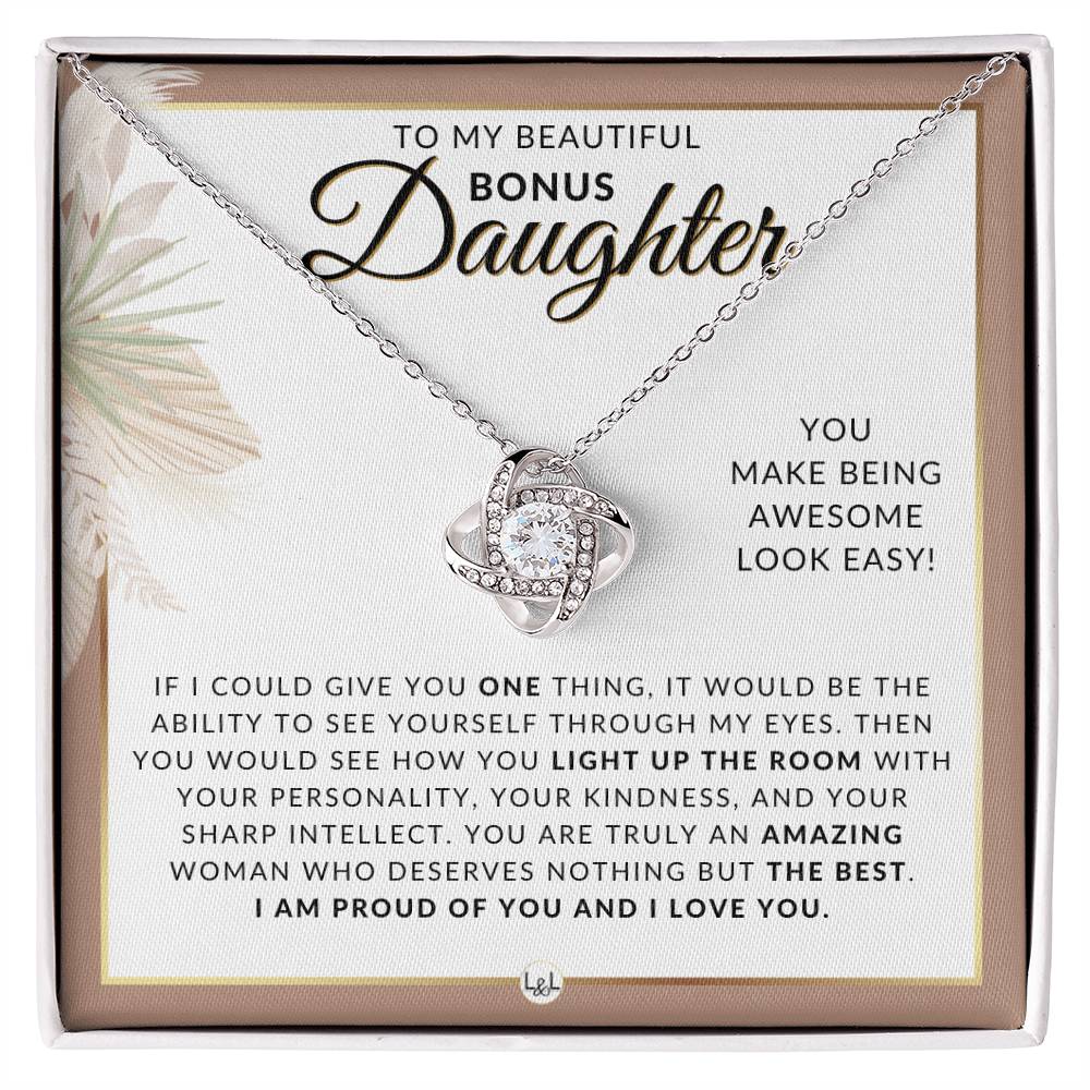 Bonus Daughter Gifts From Mom - Necklace For Bonus Daughter From Mom - Pendant Necklace + Sentimental Keepsake Message - Great Christmas Gift, Birthday Present or Graduation Surprise - Liliana and Liam