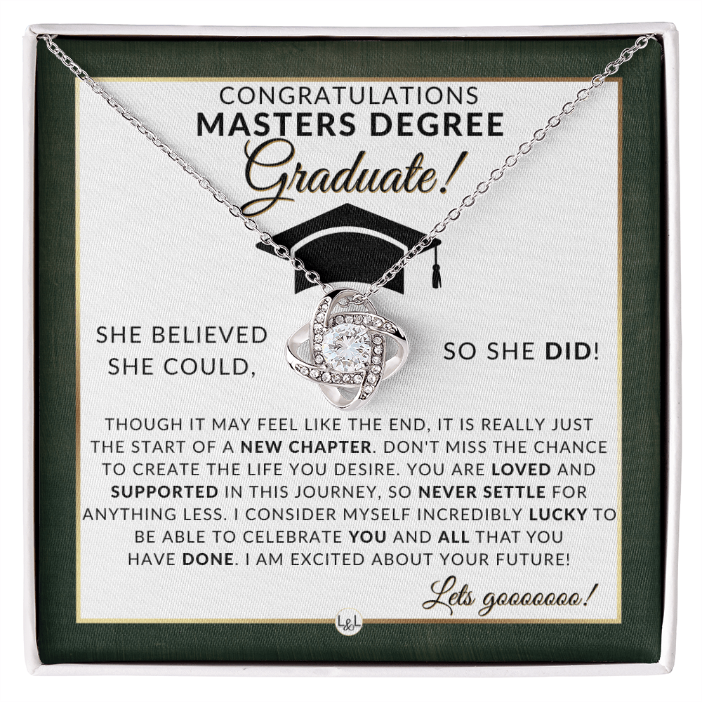Masters Degree Grad Gifts For Her - Beautiful Women's Pendant Necklace + Heartfelt Graduation Message For Masters Graduate