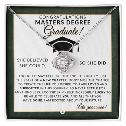 Masters Degree Grad Gifts For Her - Beautiful Women's Pendant Necklace + Heartfelt Graduation Message For Masters Graduate