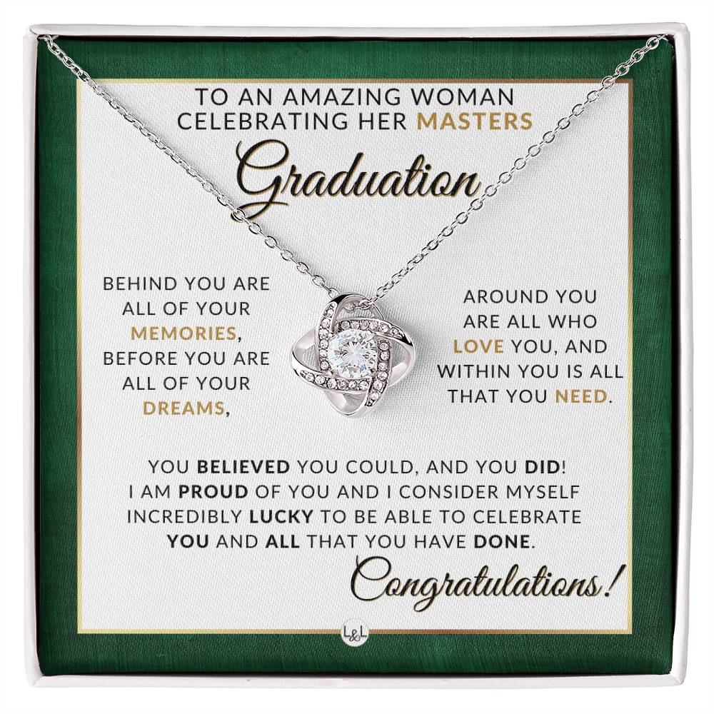 Master's Graduation Gift Idea For Her - Beautiful Woman's Pendant Necklace + Sentimental Keepsake Message - Liliana and Liam