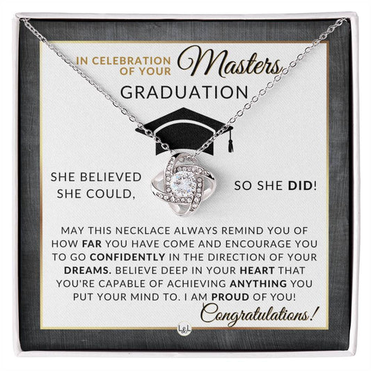 Master's Graduation Gift For Her - Women's Graduation Pendant Necklace + Heartfelt Graduation Message - Graduation Gift Idea For Her Master's Degree - Liliana and Liam