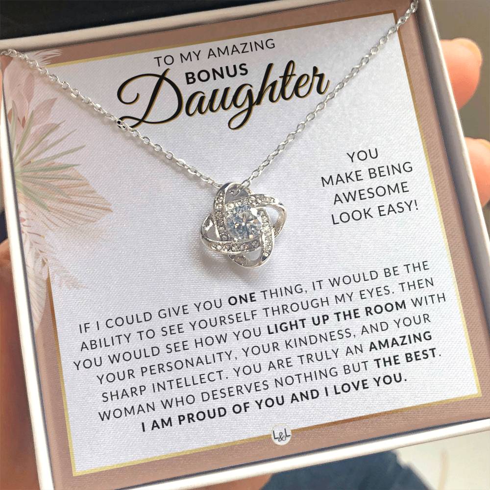 Bonus Daughter Gifts From Dad - Necklace For Bonus Daughter From Dad - Pendant Necklace + Sentimental Keepsake Message - Great Christmas Gift, Birthday Present or Graduation Surprise - Liliana and Liam