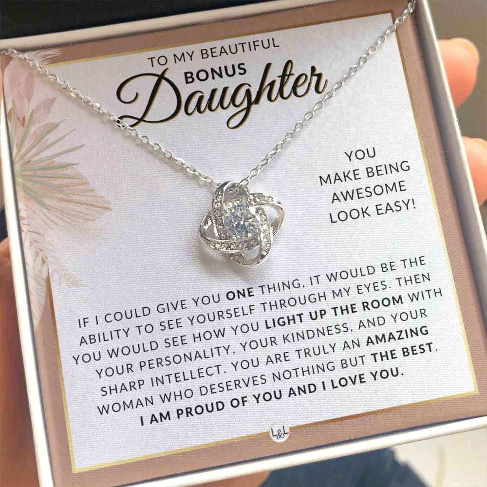 Bonus Daughter Gifts From Mom - Necklace For Bonus Daughter From Mom - Pendant Necklace + Sentimental Keepsake Message - Great Christmas Gift, Birthday Present or Graduation Surprise - Liliana and Liam