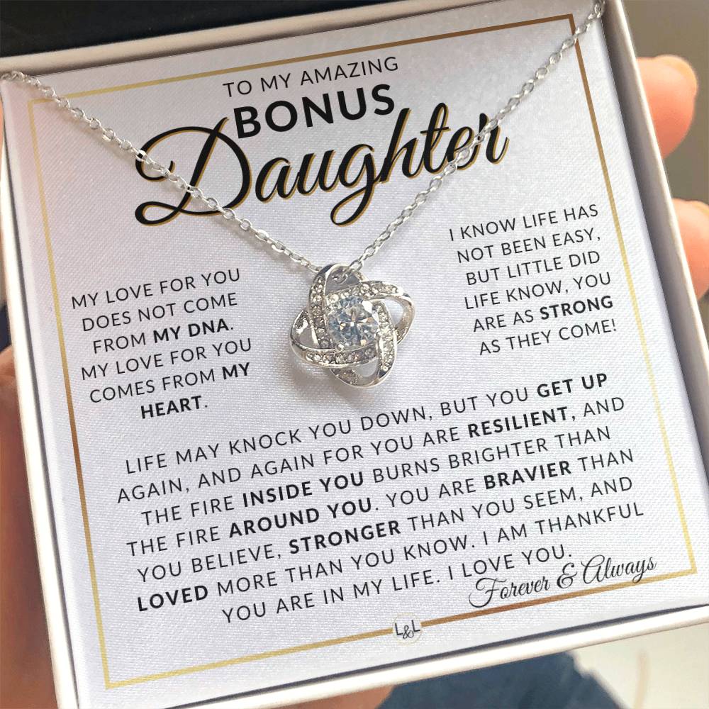 Bonus Daughter Gift Idea - Pendant Necklace For My Bonus Daughter + Sentimental Message of Encouragement - Great Christmas Gift, Birthday Present or Graduation Surprise - Liliana and Liam