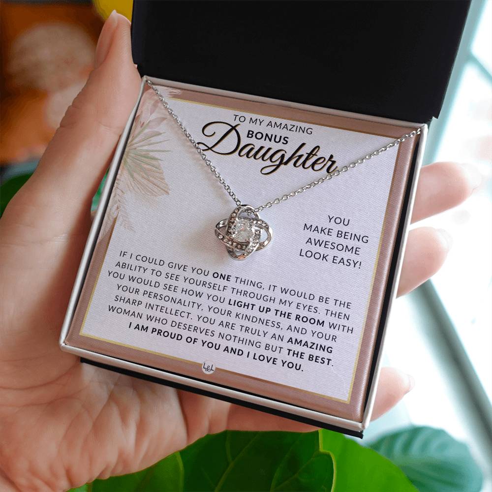 Bonus Daughter Gifts From Dad - Necklace For Bonus Daughter From Dad - Pendant Necklace + Sentimental Keepsake Message - Great Christmas Gift, Birthday Present or Graduation Surprise - Liliana and Liam