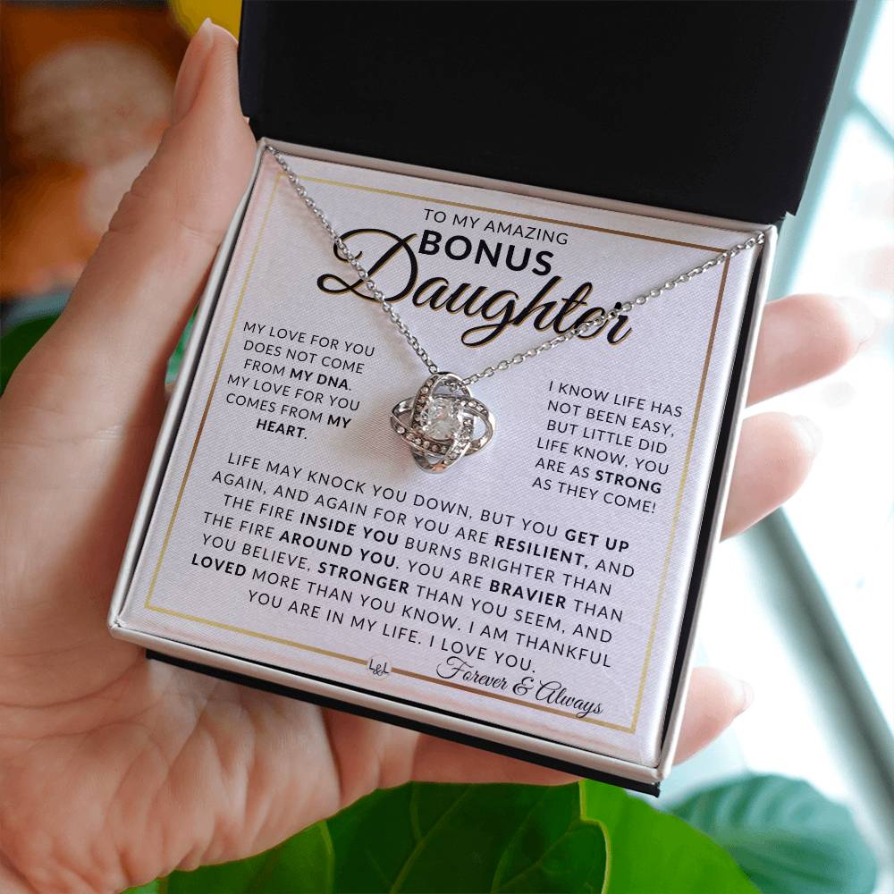 Bonus Daughter Gift Idea - Pendant Necklace For My Bonus Daughter + Sentimental Message of Encouragement - Great Christmas Gift, Birthday Present or Graduation Surprise - Liliana and Liam