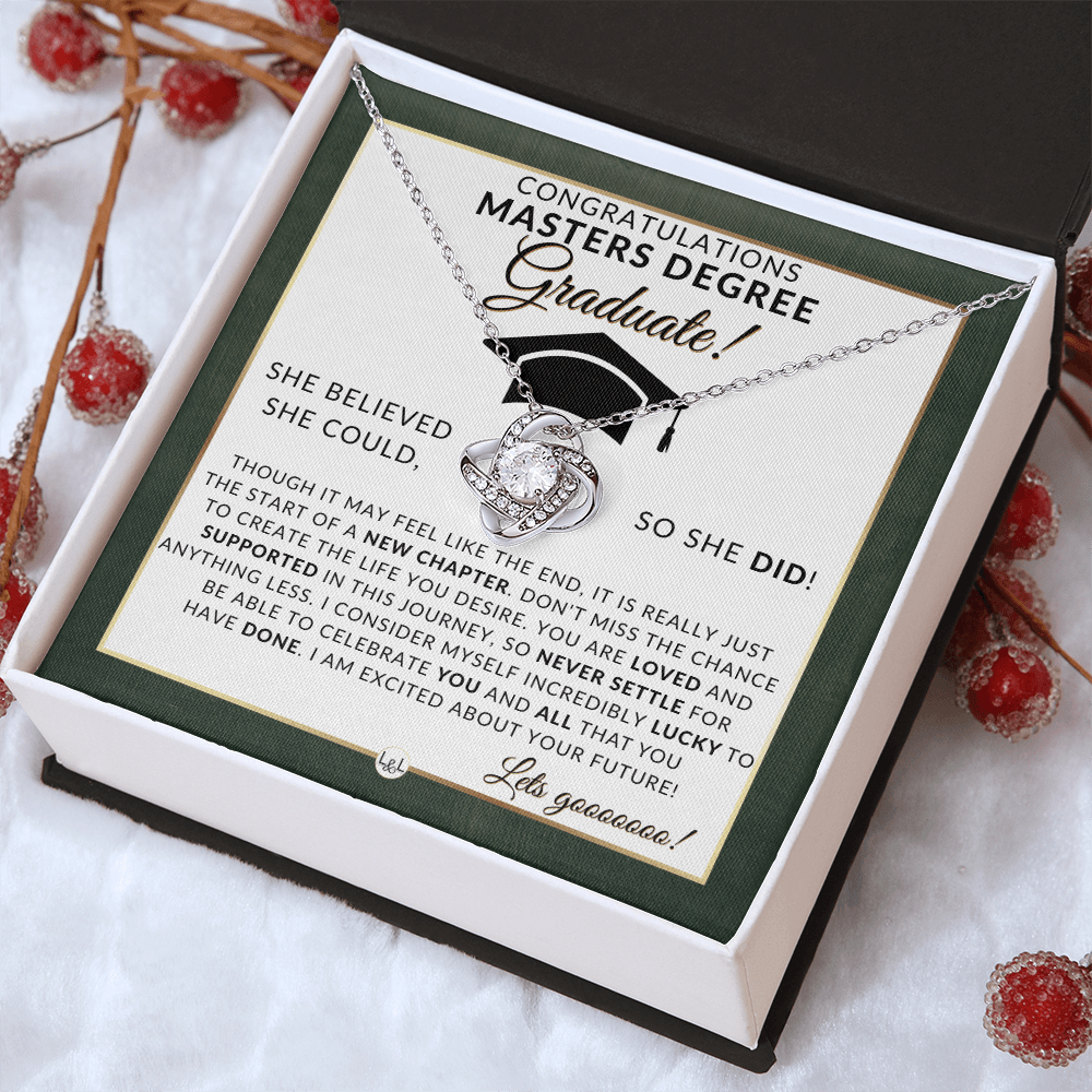 Masters Degree Grad Gifts For Her - Beautiful Women's Pendant Necklace + Heartfelt Graduation Message For Masters Graduate
