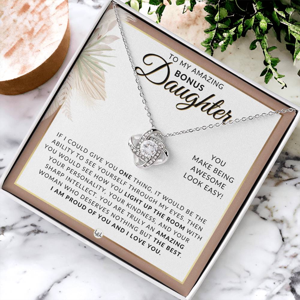 Bonus Daughter Gifts From Dad - Necklace For Bonus Daughter From Dad - Pendant Necklace + Sentimental Keepsake Message - Great Christmas Gift, Birthday Present or Graduation Surprise - Liliana and Liam