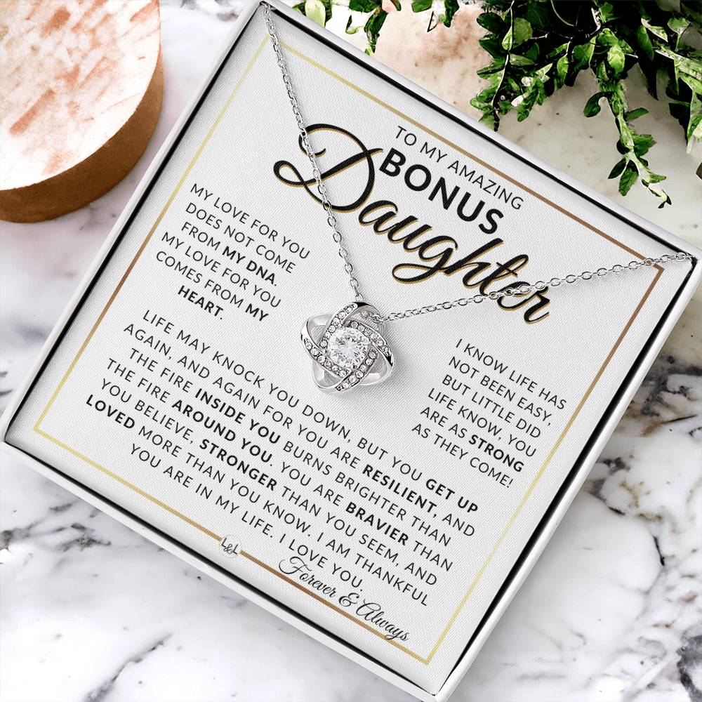 Bonus Daughter Gift Idea - Pendant Necklace For My Bonus Daughter + Sentimental Message of Encouragement - Great Christmas Gift, Birthday Present or Graduation Surprise - Liliana and Liam