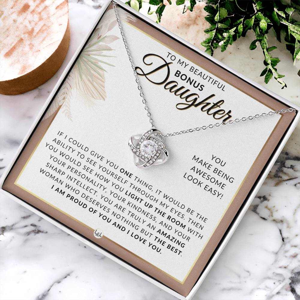Bonus Daughter Gifts From Mom - Necklace For Bonus Daughter From Mom - Pendant Necklace + Sentimental Keepsake Message - Great Christmas Gift, Birthday Present or Graduation Surprise - Liliana and Liam