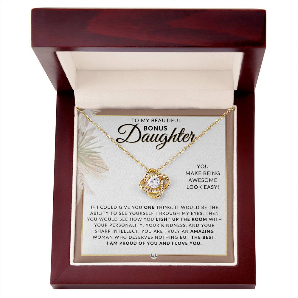 Bonus Daughter Gifts From Mom - Necklace For Bonus Daughter From Mom - Pendant Necklace + Sentimental Keepsake Message - Great Christmas Gift, Birthday Present or Graduation Surprise - Liliana and Liam