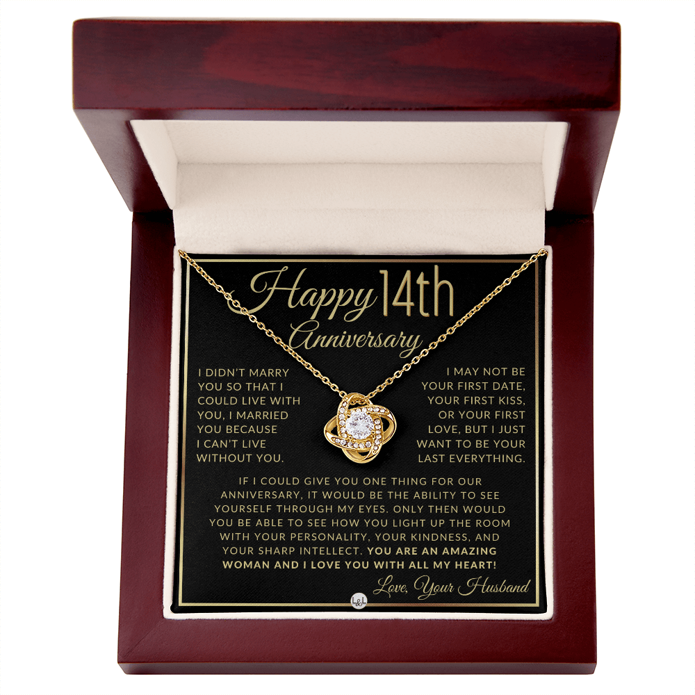 14th Anniversary - Elegant Knot Pendant Necklace with Heartfelt Message - Gift for Wife - Liliana and Liam