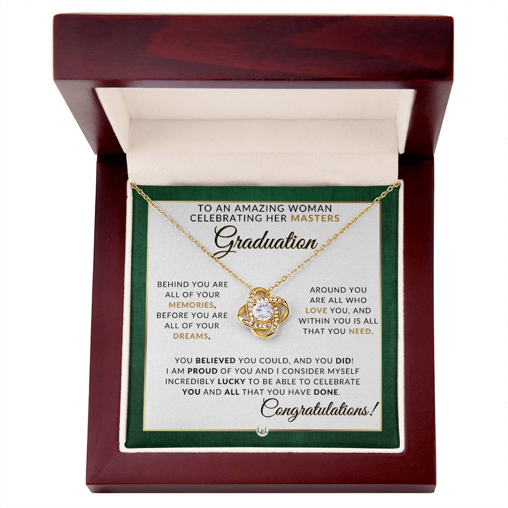 Master's Graduation Gift Idea For Her - Beautiful Woman's Pendant Necklace + Sentimental Keepsake Message - Liliana and Liam