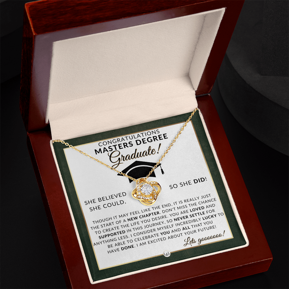 Masters Degree Grad Gifts For Her - Beautiful Women's Pendant Necklace + Heartfelt Graduation Message For Masters Graduate
