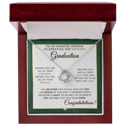 Master's Graduation Gift Idea For Her - Beautiful Woman's Pendant Necklace + Sentimental Keepsake Message - Liliana and Liam