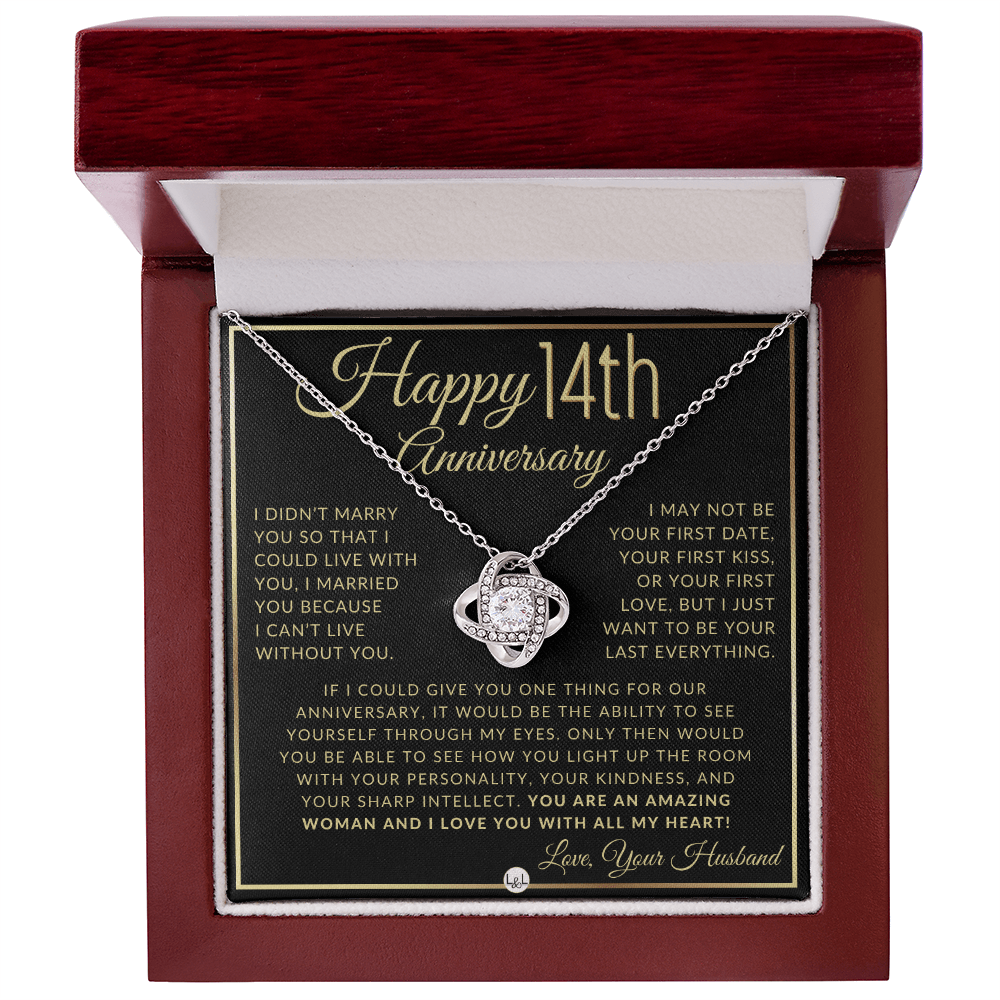14th Anniversary - Elegant Knot Pendant Necklace with Heartfelt Message - Gift for Wife - Liliana and Liam
