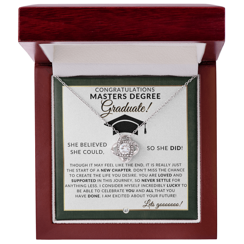 Masters Degree Grad Gifts For Her - Beautiful Women's Pendant Necklace + Heartfelt Graduation Message For Masters Graduate