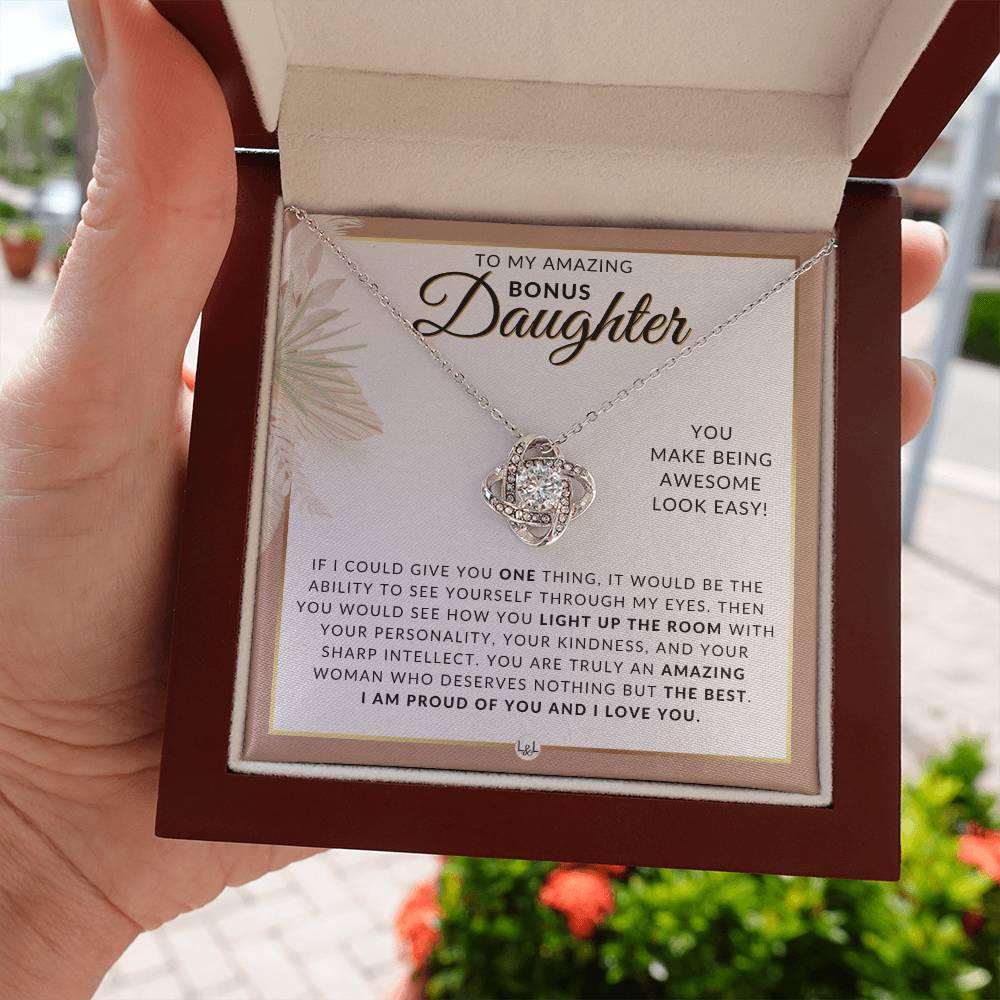 Bonus Daughter Gifts From Dad - Necklace For Bonus Daughter From Dad - Pendant Necklace + Sentimental Keepsake Message - Great Christmas Gift, Birthday Present or Graduation Surprise - Liliana and Liam