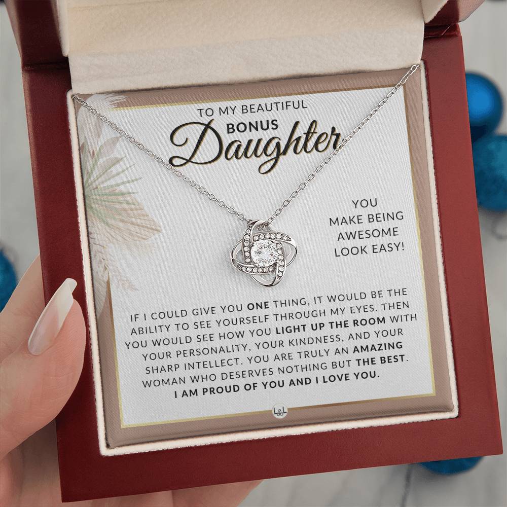 Bonus Daughter Gifts From Mom - Necklace For Bonus Daughter From Mom - Pendant Necklace + Sentimental Keepsake Message - Great Christmas Gift, Birthday Present or Graduation Surprise - Liliana and Liam