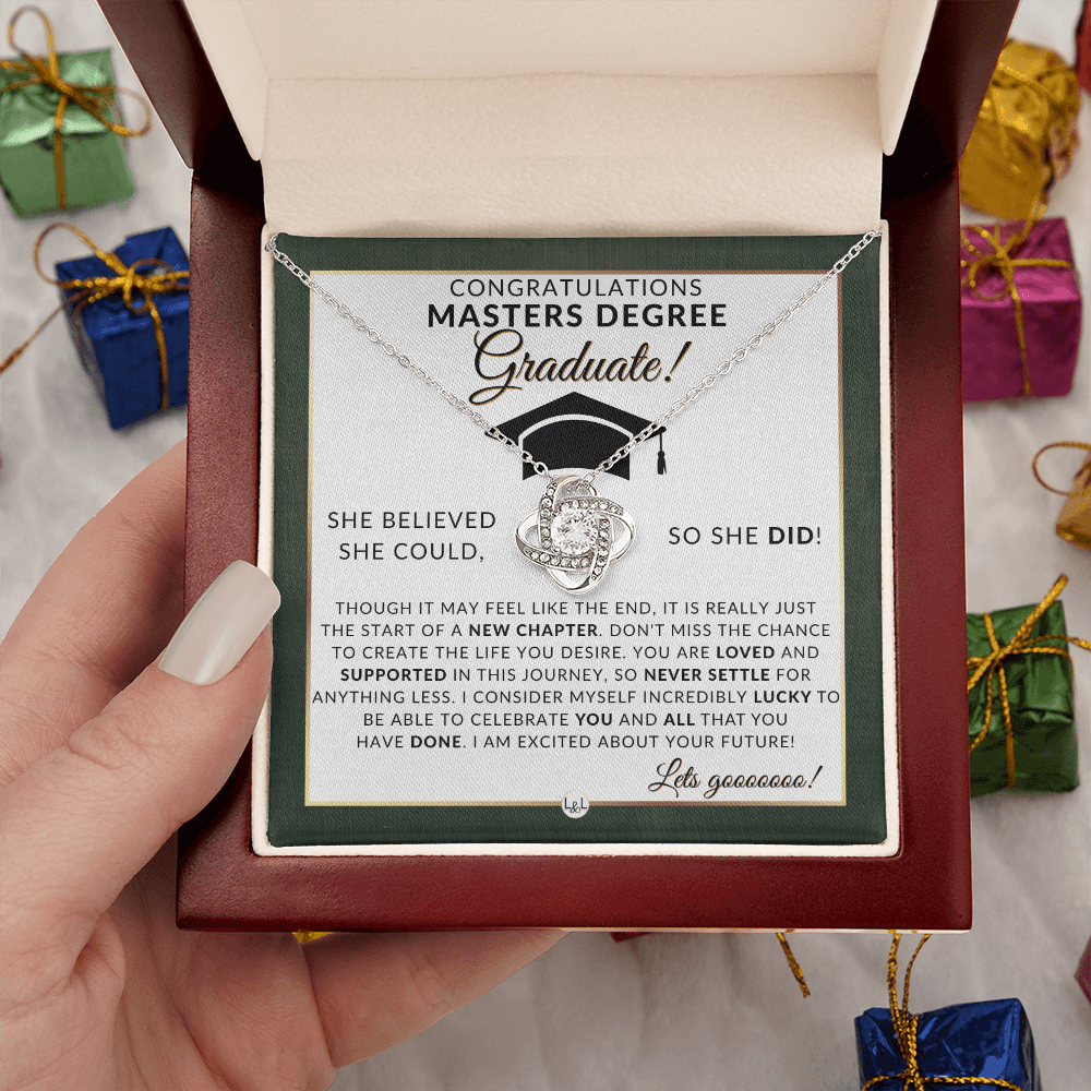 Masters Degree Grad Gifts For Her - Beautiful Women's Pendant Necklace + Heartfelt Graduation Message For Masters Graduate