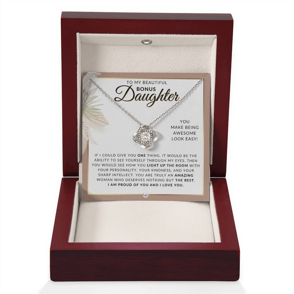 Bonus Daughter Gifts From Mom - Necklace For Bonus Daughter From Mom - Pendant Necklace + Sentimental Keepsake Message - Great Christmas Gift, Birthday Present or Graduation Surprise - Liliana and Liam