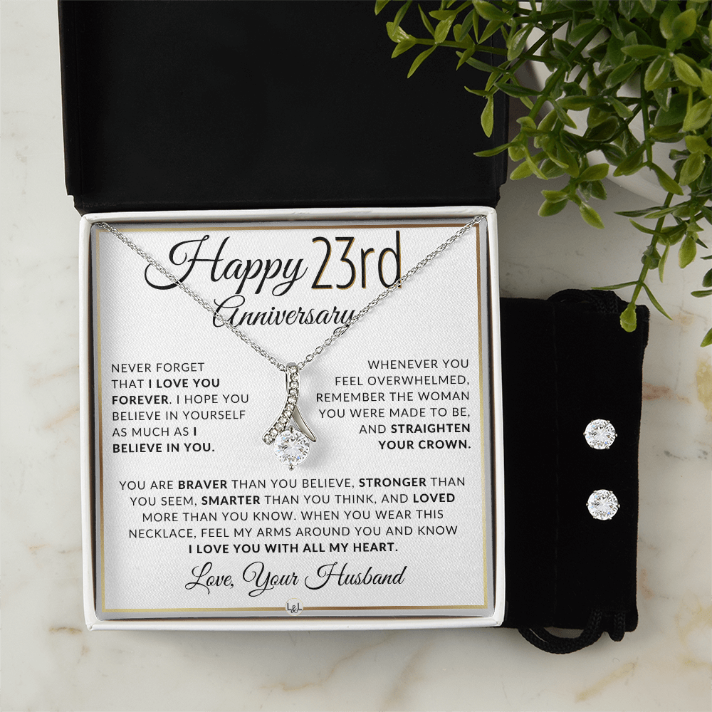 23rd Anniversary Gift - Elegant Drop Pendant Necklace + Heartfelt Message for Wife - Liliana and Liam